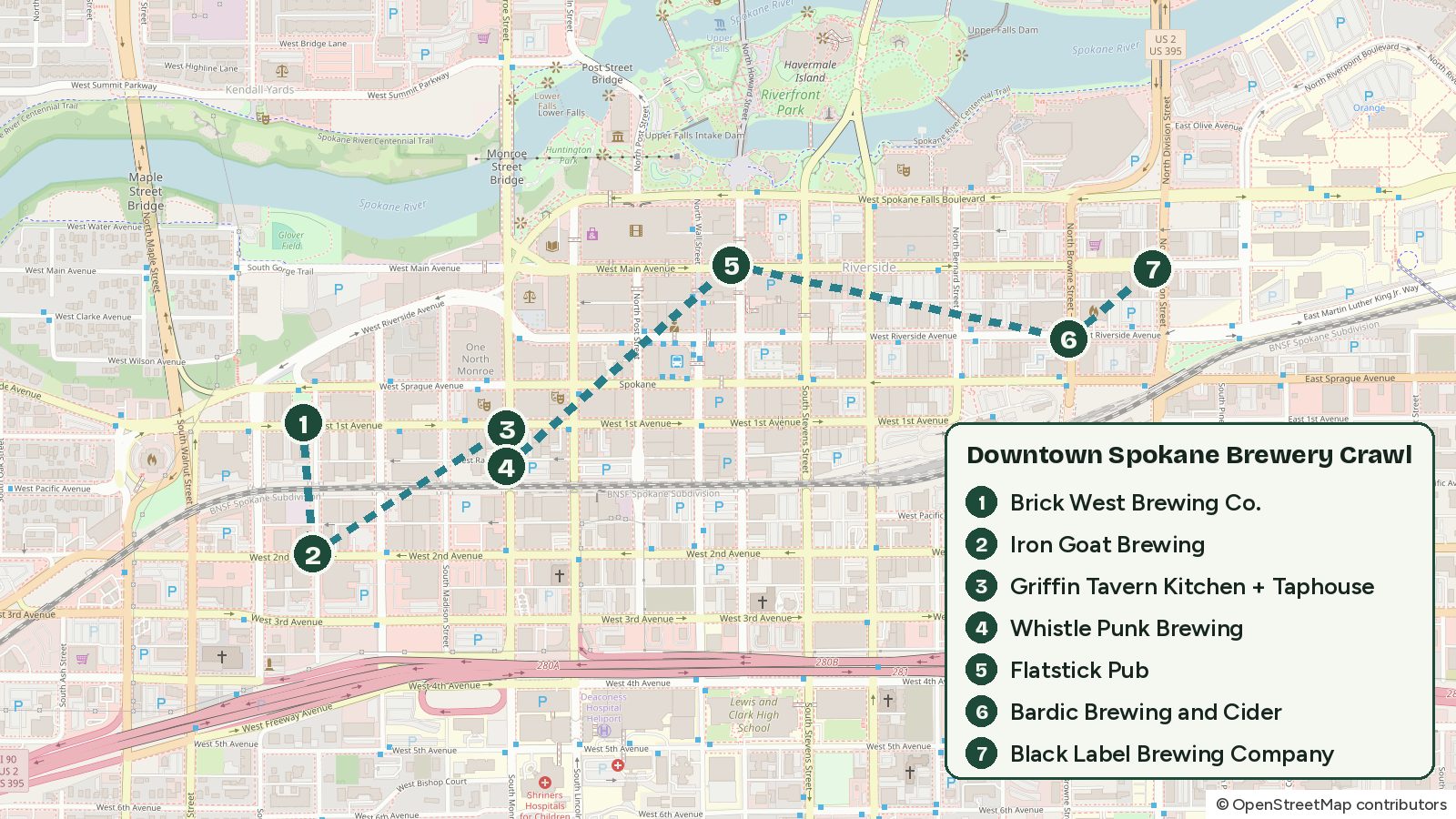 Map of downtown Spokane with the 7 stops of the route numbered in order