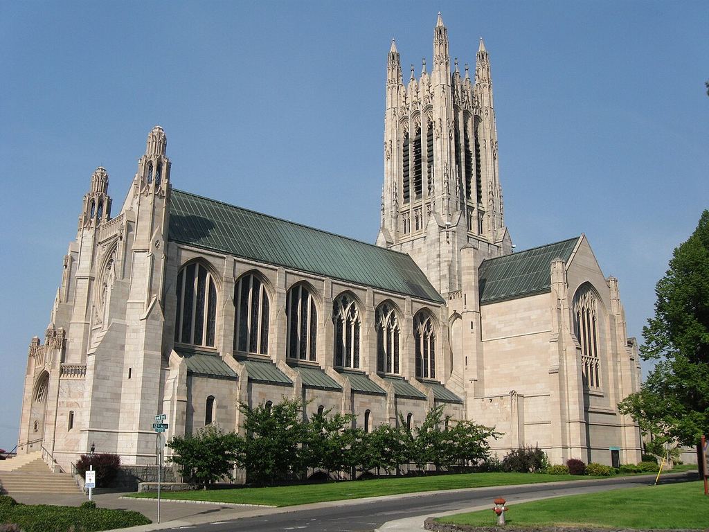 The cathedral's stone exterior.