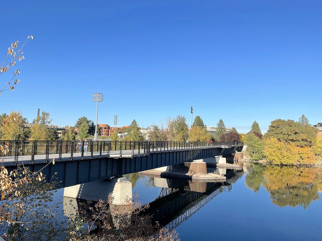 The Don Kardong Pedestrian Bridge crossing the Spokane River in the University District.